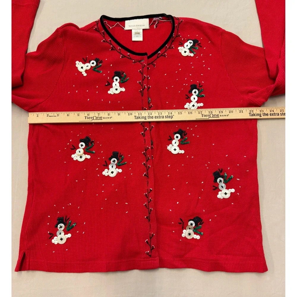 Vintage Susan Bristol Red Waffle Snowman Cardigan Sweater Women's Large Holiday